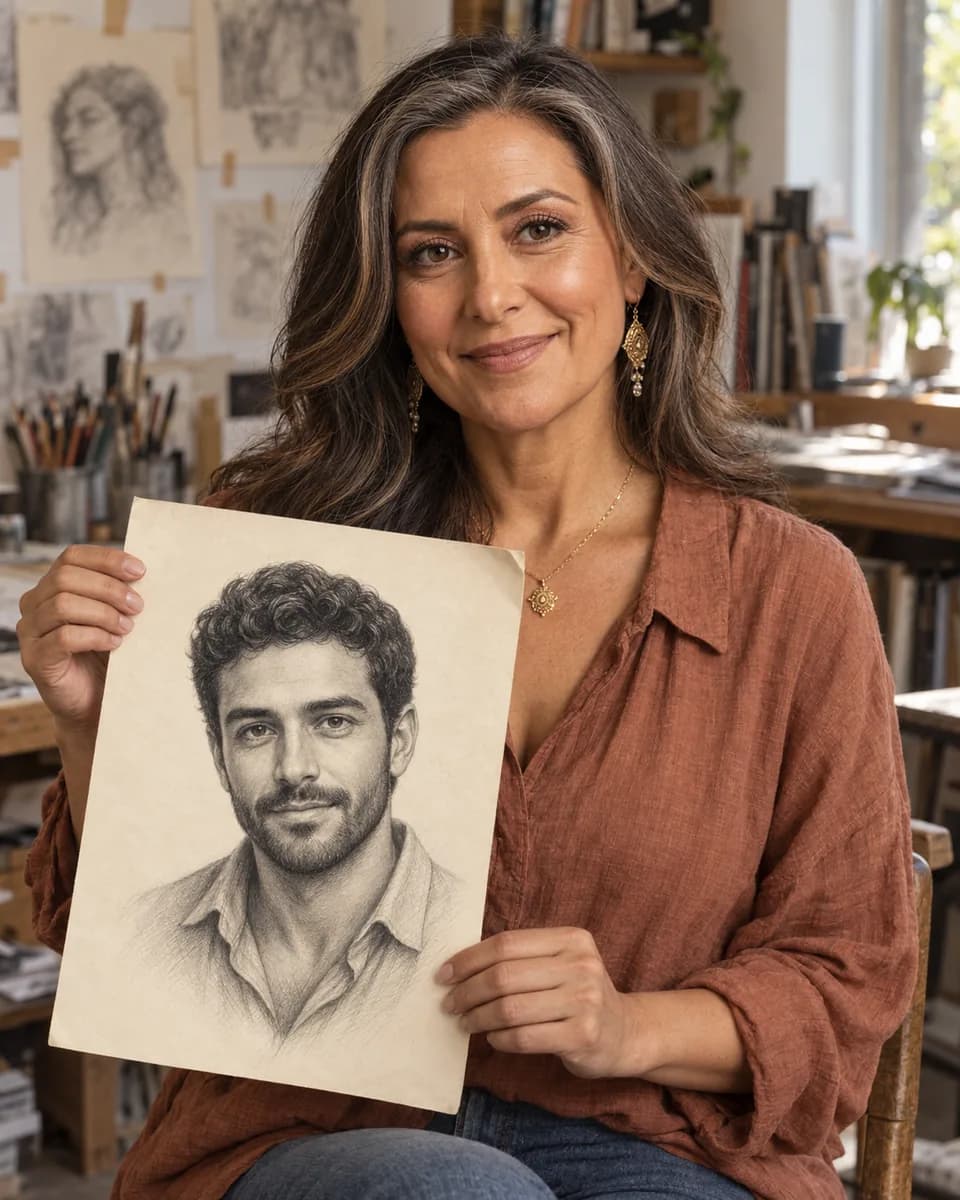 Luna Martinez holding a finished soulmate sketch in her studio