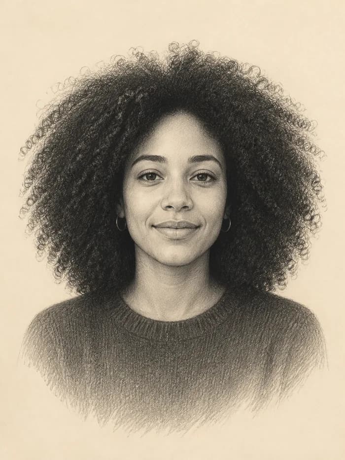 Graphite soulmate sketch of a woman with natural curls, delivered in January