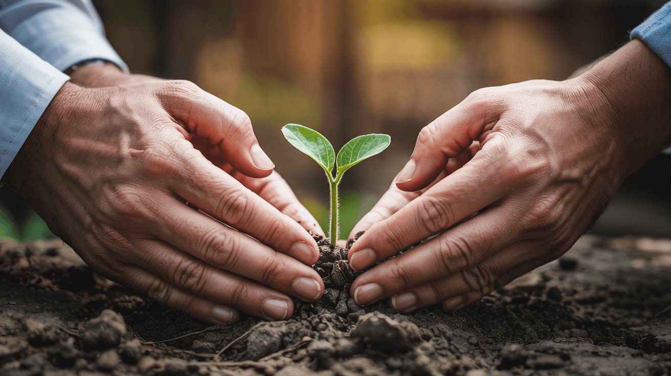 Crescita Condivisa delle Anime Gemelle Due mani che tengono delicatamente un piccolo germoglio, simboleggiando crescita e cura in una relazione